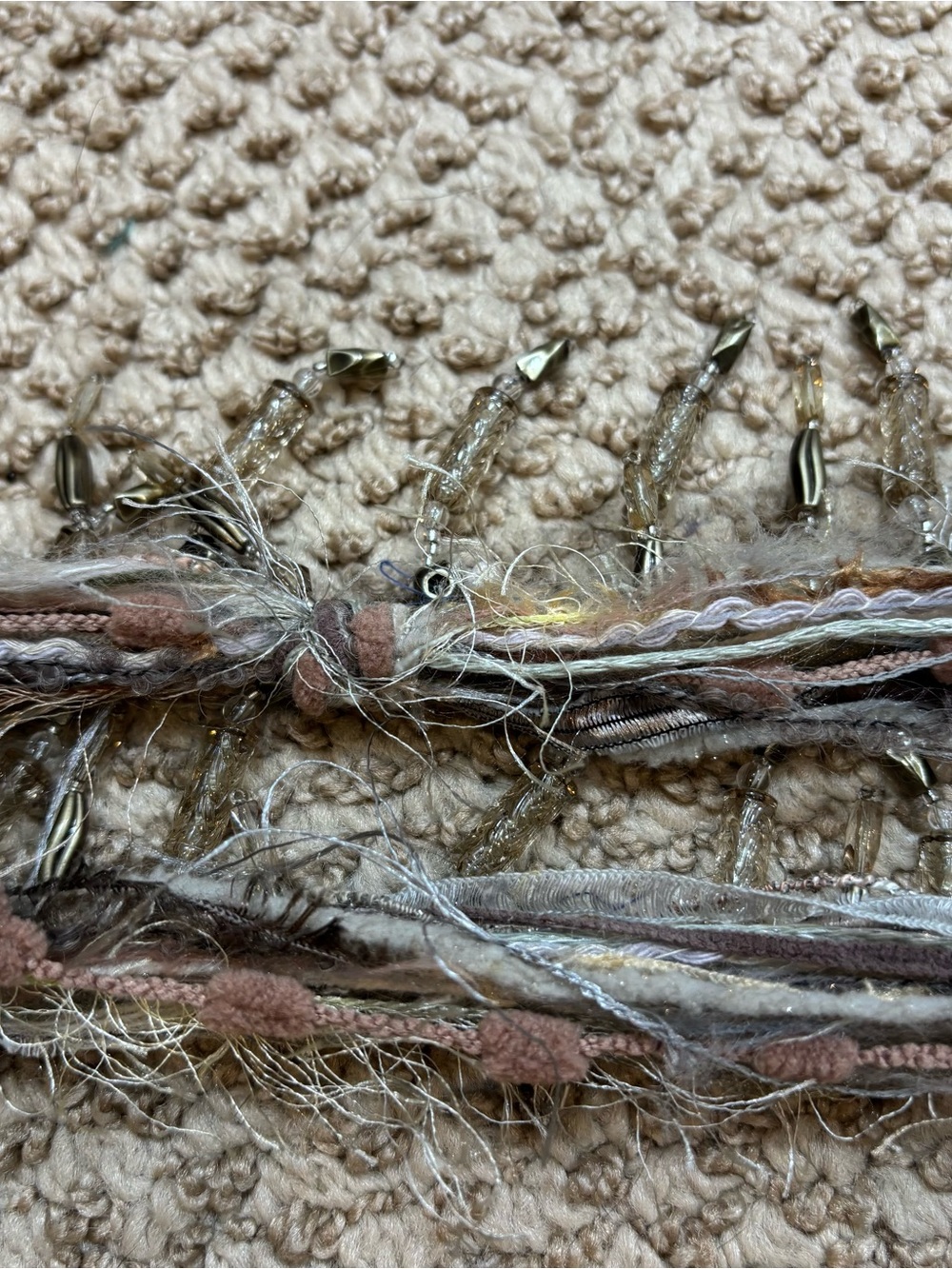 Unique Boho Bead, Ribbon and Mixed Material Thin Scarf - Picture 4 of 8